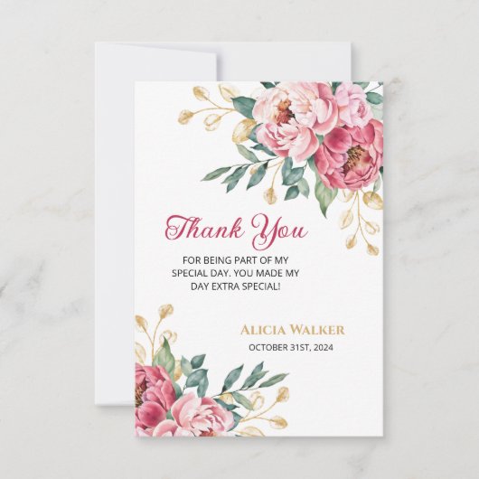 Rood Roze Pioen Goud Blad Groen Verjaardag Bedankkaart (Voorkant)