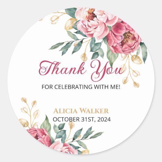 Rood Roze Pioen Goud Bladgroen Verjaardag Bedankt Ronde Sticker (Voorkant)
