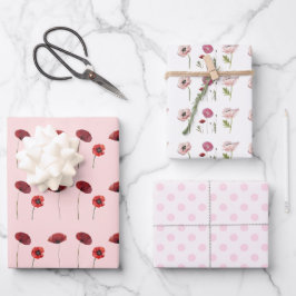 Rood Roze Poppy Bloemen & Roze Polka Dots Patronen Inpakpapier Vel
