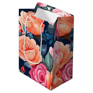 Rood Roze Sinaasappel Rozen Patroon Chiffon Medium Cadeauzakje
