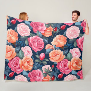 Rood Roze Sinaasappel Rozen Patroon Design Fleece Deken