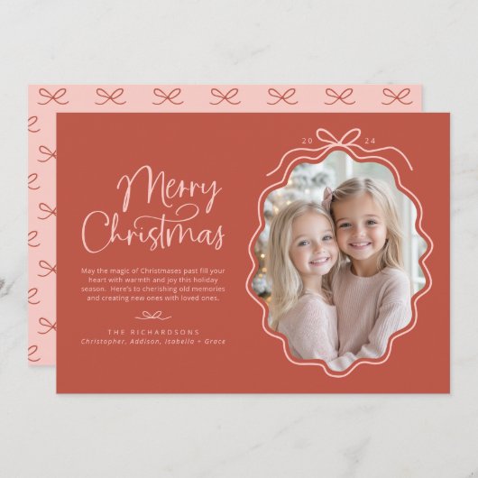 Rood Roze Wavy Retro Foto Feestdagenkaart (Voorkant / Achterkant)