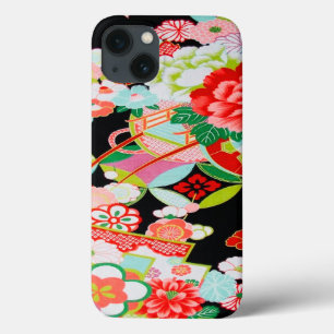 Rood Roze Zwart Japans Kimono Floral iPhone 13 Hoesje