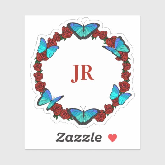 Rood rozen en blauw Butterflies Monogram Wreate Sticker (Vel)