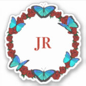 Rood rozen en blauw Butterflies Monogram Wreate Sticker (Voorkant)