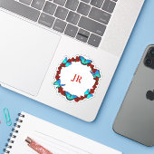 Rood rozen en blauw Butterflies Monogram Wreate Sticker (Laptop met iPhone)