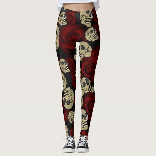 Rood rozen en korrels grijs, Floral gothic Leggings (Voorkant)