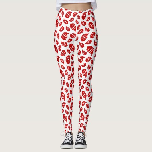 Rood Santa hoofd op witte achtergrond patroon Leggings (Voorkant)