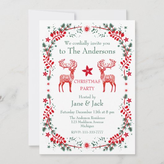 Rood Scandinavisch rendier bloemenkerstfeest Kaart (Voorkant)