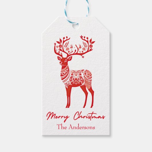 Rood Scandinavisch rendier Vrolijk Kerstfeest Cadeaulabel (Voorkant)