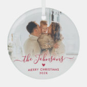 Rood Schattige Hart Script Familie Foto Vrolijk Ke Glas Ornament (Voorkant)