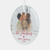 Rood Schattige Hart Script Familie Foto Vrolijk Ke Glas Ornament (Voorkant links)