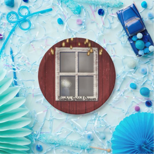 Rood Schuur Venster & Lichten Rustiek Land Bruilof Papieren Bordje (Feest)