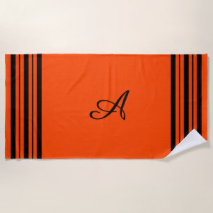 Rood Sinaasappel met zwarte strips en monogram Strandlaken