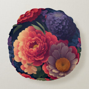 rood Sinaasappel paarse mum pioen bloemig Rond Kussen