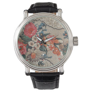 rood sinaasappel wit bloempatroon horloge