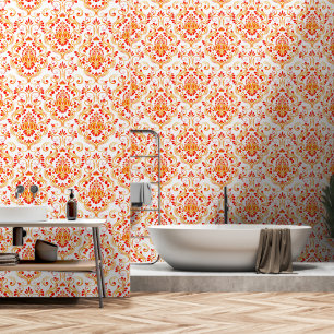 Rood Sinaasappel Wit Damask Bloemschil en stok Behang