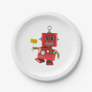 Rood-speelgoed robot dansen met partijnummer papieren bordje