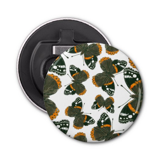 Rood spiegelvlinderpatroon button flesopener (Voorkant)