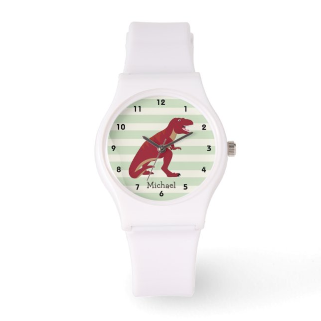 Rood T-Rex op pastel groene strepen Horloge (Voorkant)