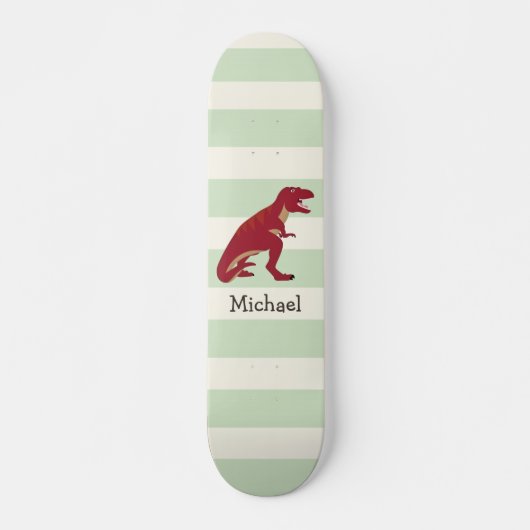 Rood T-Rex op pastel groene strepen Skateboard (Voorkant)