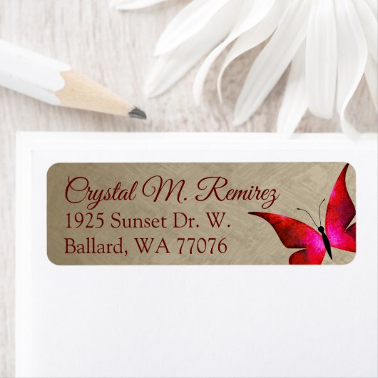 Rood, Taupe Butterfly Return Address Labels (Insitu)