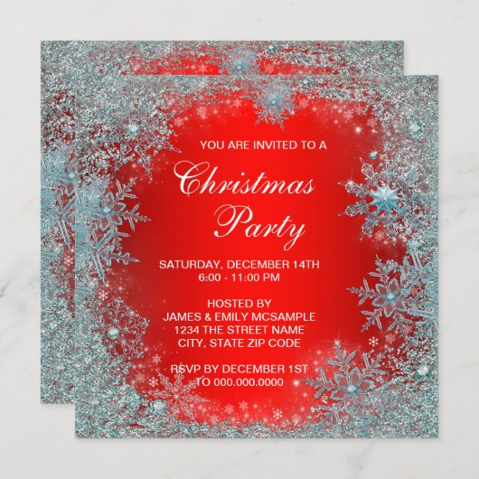 Rood Teal Blauwe Sneeuwvlok Kerstfeestje Kaart (Voorkant / Achterkant)