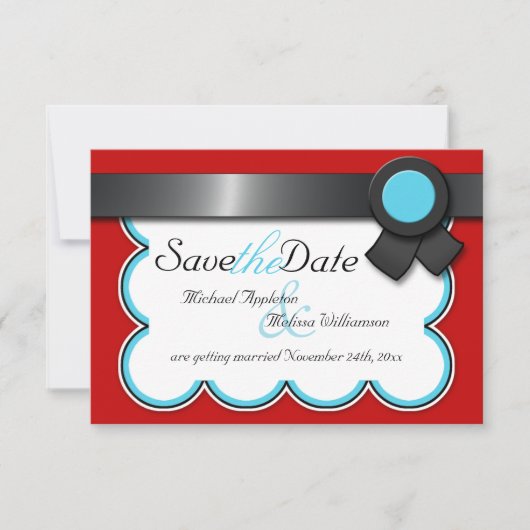 Rood & Teal, Zwarte Lint Save the Date Kaart (Voorkant)