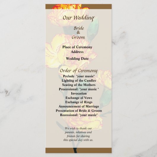 Rood-Tipped Yellow Carnards Wedding Programme Programma (Voorkant)
