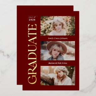 Rood Trendy Serif Meerdere Foto Afstuderen Folie Uitnodiging
