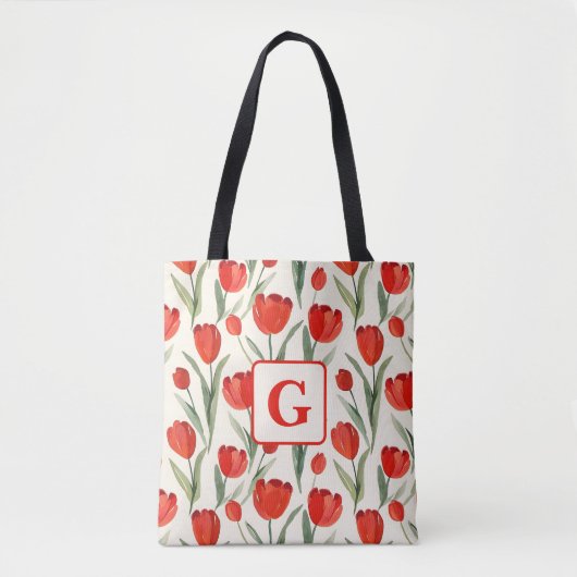 Rood tulpenpatroon gepersonaliseerd monogram draagtas (Voorkant)