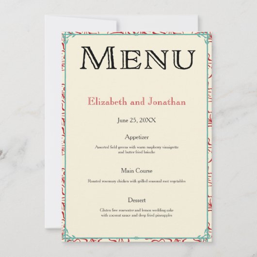Rood & Turquoise Land Bruiloft Receptie Menu Kaart (Voorkant)