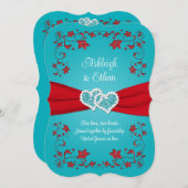 Rood, Turquoise liefde harten bruiloft uitnodiging (Voorkant / Achterkant)