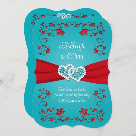Rood, Turquoise liefde harten bruiloft uitnodiging (Voorkant / Achterkant)
