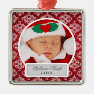 Rood van het Damast van Eerste Kerstmis van de Metalen Ornament