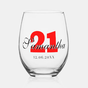 Rood verjaardagsnummer   Zwart 3D Naam Datum Wijnglas Zonder Voet