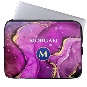 Rood-Violet & Gouden Vloeibare Inkt, Monogram & Na Laptop Sleeve