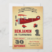 Rood Vliegtuig 1e Verjaardagsfeestuitnodiging Kaart (Voorkant)
