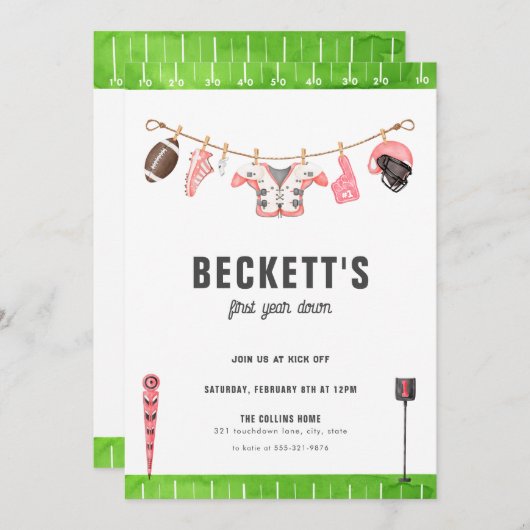 Rood Voetbal Verjaardag Eerste Jaar Down 1e Uitnod Kaart (Voorkant / Achterkant)