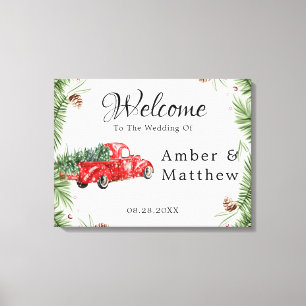Rood Vrachtwagen Sneeuwkerstbruiloft Canvas Pr Afdruk