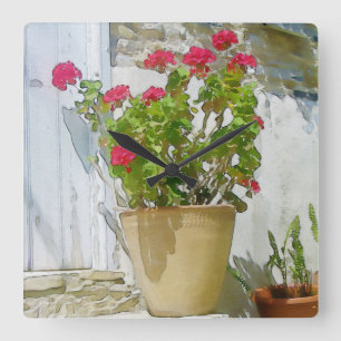 Rood waterverf geranium vierkante klok