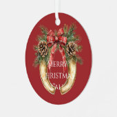 Rood Western Goud Hoefijzer Kerst Pine Kegels Metalen Ornament (Voorkant links)