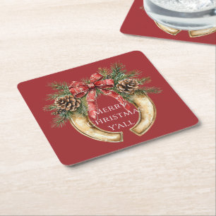 Rood Western Goud Hoefijzer Kerst Pine Kegels Vierkante Kartonnen Onderzetter