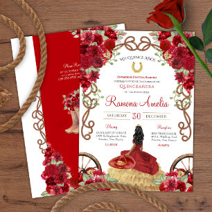 Rood Western Rustiek Bloemen Charra Quinceanera Kaart