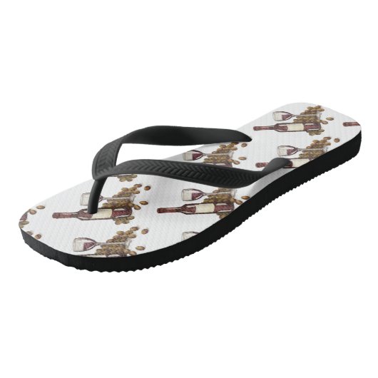 Rood wijnglas, flesje en Teenslippers van druiven (Schuin)
