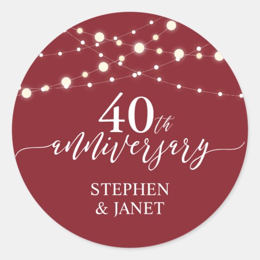 Rood & Wit 40e huwelijksverjaardag Ronde Sticker (Voorkant)