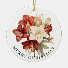 Rood & Wit Amaryllis op Wit Vrolijk Kerstfeest Keramisch Ornament