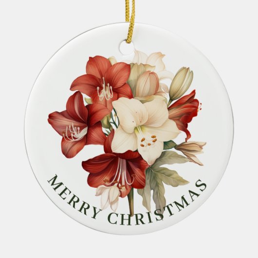 Rood & Wit Amaryllis op Wit Vrolijk Kerstfeest Keramisch Ornament (Voorkant)