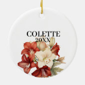 Rood & Wit Amaryllis op Wit Vrolijk Kerstfeest Keramisch Ornament (Achterkant)