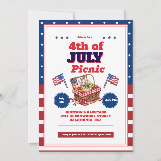 Rood Wit Blauw 4 juli Zomer Picknick Uitnodiging (Voorkant)